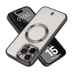 Etui z ochroną aparatu i pierścieniem magnetycznym Bizon Case GuardO do iPhone 15 Pro Max, przezroczysto-czarne
