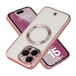 Etui z ochroną aparatu i pierścieniem magnetycznym Bizon Case GuardO do iPhone 15 Pro Max, przezroczysto-różowe