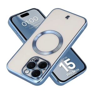 Etui z ochroną aparatu i pierścieniem magnetycznym Bizon Case GuardO do iPhone 15 Pro Max, przezroczysto-niebieskie