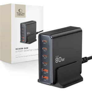 OUTLET: Stacja ładująca GaN 4x USB-C, 2x USB-A, 80W, Tech-Protect DC80W, czarna