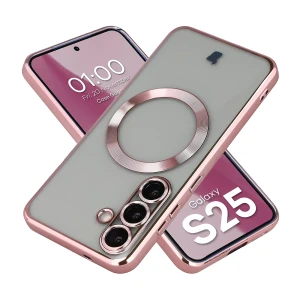 Etui z ochroną aparatu i pierścieniem magnetycznym Bizon Case GuardO do Galaxy S25, przezroczysto-różowe
