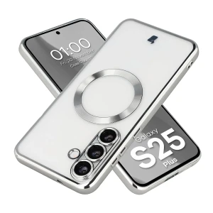 Etui z ochroną aparatu i pierścieniem magnetycznym Bizon Case GuardO do Galaxy S25 Plus, przezroczysto-srebrne