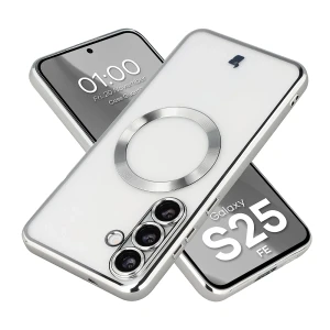 Etui z ochroną aparatu i pierścieniem magnetycznym Bizon Case GuardO do Galaxy S25 FE, przezroczysto-srebrne