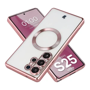 Etui z ochroną aparatu i pierścieniem magnetycznym Bizon Case GuardO do Galaxy S25 Ultra, przezroczysto-różowe