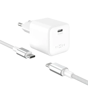 Ładowarka sieciowa GaN USB-C PD 65W, PPS, Fixed Mini + oplatany kabel 2m, biała