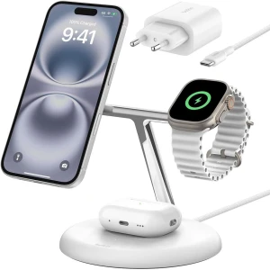OUTLET: Ładowarka indukcyjna Belkin Boost Pro 3-in-1 Qi2 15W dla Apple Watch / AirPods / iPhone z MagSafe +PSU WIZ023, biała
