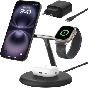 OUTLET: Ładowarka indukcyjna Belkin Boost Pro 3-in-1 Qi2 15W dla Apple Watch / AirPods / iPhone z MagSafe +PSU WIZ023, czarna