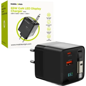 Ładowarka sieciowa GaN USB-C PD, USB-A, 65W, Mobile Origin PW2 + wbudowany kabel 75cm, wyświetlacz, czarna