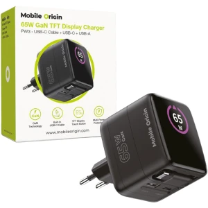 Ładowarka sieciowa GaN USB-C PD, USB-A, 65W, Mobile Origin PW3 + wysuwany kabel, wyświetlacz, czarna
