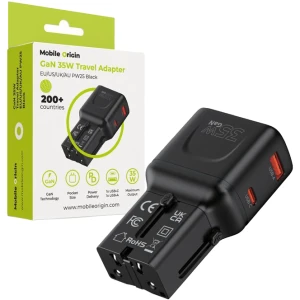 Ładowarka podróżna GaN USB-C PD, USB-A, 35W, Mobile Origin PW25 do wtyczek EU / US / UK / AU, czarna