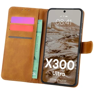 Etui z klapką Bizon Case Pocket do Vivo X300 Ultra, brązowe