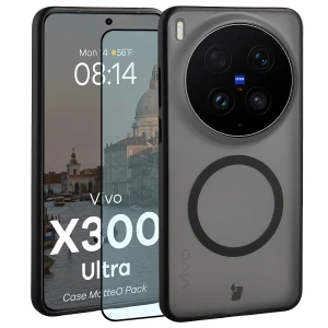 Etui z pierścieniem magnetycznym + szkło hartowane Bizon MatteO Pack do Vivo X300 Ultra, przydymione-czarne