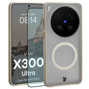 Etui z pierścieniem magnetycznym + szkło hartowane Bizon MatteO Pack do Vivo X300 Ultra, przydymione-beżowe
