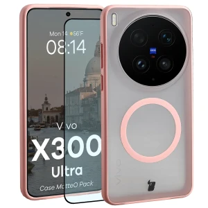 Etui z pierścieniem magnetycznym + szkło hartowane Bizon MatteO Pack do Vivo X300 Ultra, przydymione-jasnoróżowe