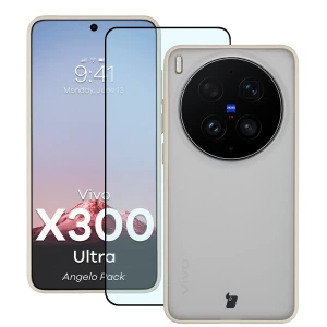 Etui + szkło hartowane Bizon Angelo Pack do Vivo X300 Ultra, półprzezroczyste z beżową ramką