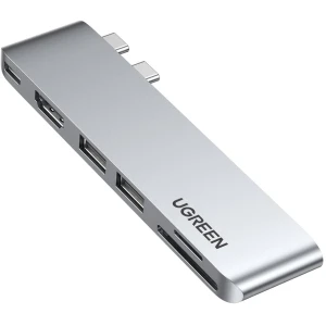 OUTLET: HUB Ugreen rozdzielacz do MacBooka 2x USB Typ C - USB-C Thunderbolt 3, 2x USB-A 5Gb/s, HDMI 4k30Hz, SD, TF,  srebrny