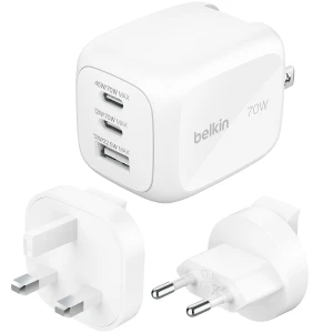 OUTLET: Ładowarka sieciowa 2x USB-C, USB-A, 70W, Belkin Boost Pro 3-Port GaN Charger US / UK / EU, biała