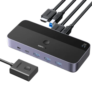 OUTLET: Hub z przełącznikiem pomiędzy urządzeniami, 3x USB-A 5Gb/s, 3x HDMI 4K 60Hz, 2x USB-C, Ugreen KVM CM664 + kabel 2x HDMI, 2x USB-A - USB-B, czarno-srebrny