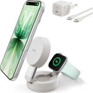 Ładowarka indukcyjna Belkin Ultra Charge Pro 2-in-1 Convertible Qi2.2 25W dla Apple Watch / iPhone z MagSafe +PSU WIZ043, beżowa