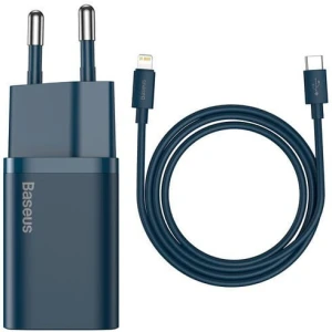 OUTLET: Ładowarka sieciowa USB-C 20W, Baseus Super Si, kabel Lightning, niebieska