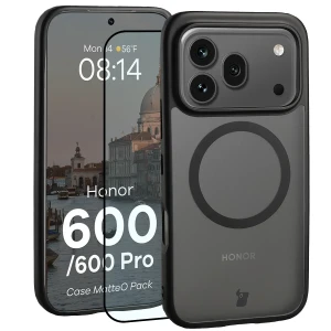Etui z pierścieniem magnetycznym + szkło hartowane Bizon MatteO Pack do Honor 600 5G / 600 Pro 5G, przydymione-czarne