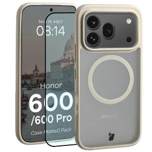 Etui z pierścieniem magnetycznym + szkło hartowane Bizon MatteO Pack do Honor 600 5G / 600 Pro 5G, przydymione-beżowe