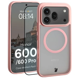 Etui z pierścieniem magnetycznym + szkło hartowane Bizon MatteO Pack do Honor 600 5G / 600 Pro 5G, przydymione-jasnoróżowe