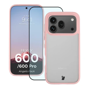 Etui + szkło hartowane Bizon Angelo Pack do Honor 600 5G / 600 Pro 5G, półprzezroczyste z jasnoróżową ramką