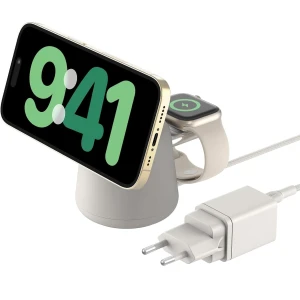 OUTLET: Ładowarka indukcyjna Belkin Boost Pro MFi 2w1 Qi2 15W +PSU WIZ027 dla iPhone z MagSafe / Apple Watch, beżowa