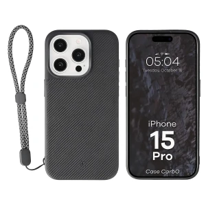 Etui ze smyczką na nadgarstek i pierścieniem magnetycznym Bizon Case CarbO do iPhone 15 Pro, czarne
