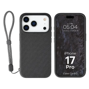 Etui ze smyczką na nadgarstek i pierścieniem magnetycznym Bizon Case CarbO do iPhone 17 Pro, czarne