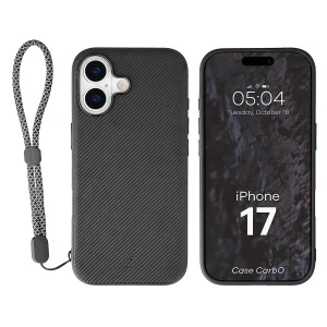Etui ze smyczką na nadgarstek i pierścieniem magnetycznym Bizon Case CarbO do iPhone 17, czarne