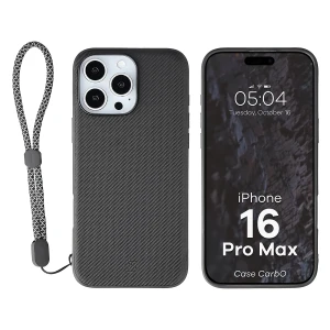 Etui ze smyczką na nadgarstek i pierścieniem magnetycznym Bizon Case CarbO do iPhone 16 Pro Max, czarne