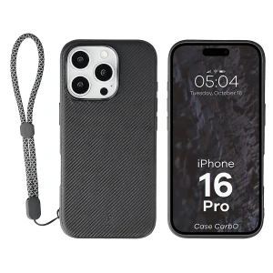 Etui ze smyczką na nadgarstek i pierścieniem magnetycznym Bizon Case CarbO do iPhone 16 Pro, czarne