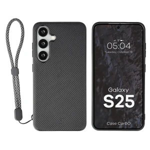 Etui ze smyczką na nadgarstek i pierścieniem magnetycznym Bizon Case CarbO do Galaxy S25, czarne