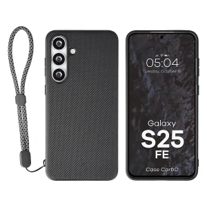 Etui ze smyczką na nadgarstek i pierścieniem magnetycznym Bizon Case CarbO do Galaxy S25 FE, czarne