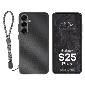 Etui ze smyczką na nadgarstek i pierścieniem magnetycznym Bizon Case CarbO do Galaxy S25 Plus, czarne