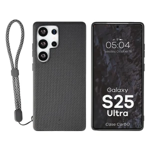 Etui ze smyczką na nadgarstek i pierścieniem magnetycznym Bizon Case CarbO do Galaxy S25 Ultra, czarne