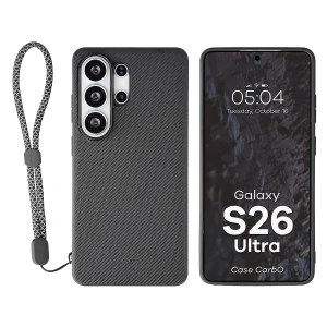 Etui ze smyczką na nadgarstek i pierścieniem magnetycznym Bizon Case CarbO do Galaxy S26 Ultra, czarne