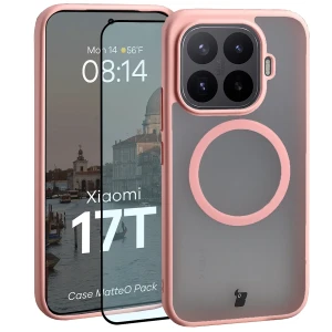 Etui z pierścieniem magnetycznym + szkło hartowane Bizon MatteO Pack do Xiaomi 17T, przydymione-jasnoróżowe