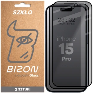 Prywatyzujące szkło hartowane Bizon Glass Edge Shadow Duo do iPhone 15 Pro, przyciemniane z czarną ramką, 2 sztuki