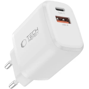 Ładowarka sieciowa Tech-Protect NCA65W GaN, 1x USB-A QC 3.0, 1x USB-C PD, 65W, biała