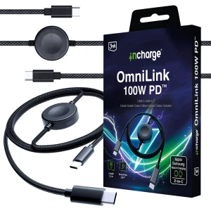 Kabel USB-C - USB-C z ładowarką do Apple Watch / Galaxy Watch, 100W, 3mk incharge OmniLink, Power Delivery, z oplotem, 1.5m, czarny