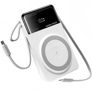 Powerbank indukcyjny Mobile Origin PB15 do MagSafe 15W, 20000 mAh, USB-A, USB-C z wbudowanym kablem USB-C i Lightning, biały