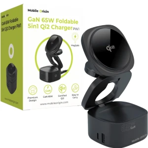 OUTLET: Składana ładowarka bezprzewodowa 5w1 Mobile Origin GaN Foldable PW1, USB-C PD 65W, USB-A QC, do MagSafe, czarne
