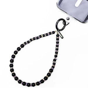 OUTLET: Smycz uniwersalna do telefonu Crong Phone Charm na nadgarstek, czarna z srebrnymi zdobieniami