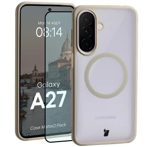 Etui z pierścieniem magnetycznym + szkło hartowane Bizon MatteO Pack do Galaxy A27 5G, przydymione-beżowe