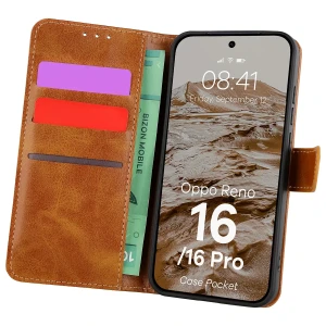 Etui z klapką Bizon Case Pocket do Oppo Reno16 / Reno16 Pro 5G, brązowe