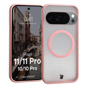 Etui z pierścieniem magnetycznym Bizon Case MatteO do Google Pixel 11 / 11 Pro / 10 / 10 Pro, przydymione-jasnoróżowe