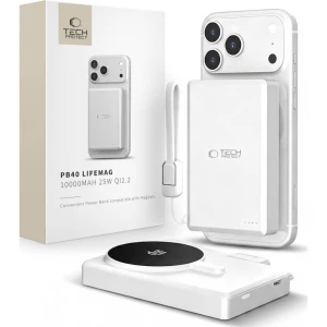 Powerbank z ładowaniem indukcyjnym do telefonu do MagSafe 10000mAh 25W Qi2.2 z kablem USB-C, Tech-Protect PB40 LifeMag, biało srebrny